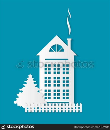 Home paper cut icon with chimney, fence and spruce tree. Residential real estate building icon isolated on blue. House silhouette, multi storey dwelling. Home Paper Cut Icon, Chimney, Fence and Spruce