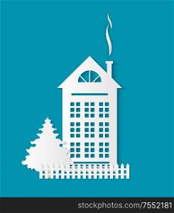 Home paper cut icon with chimney, fence and spruce tree. Residential real estate building icon isolated on blue. House silhouette, multi storey dwelling. Home Paper Cut Icon, Chimney, Fence and Spruce