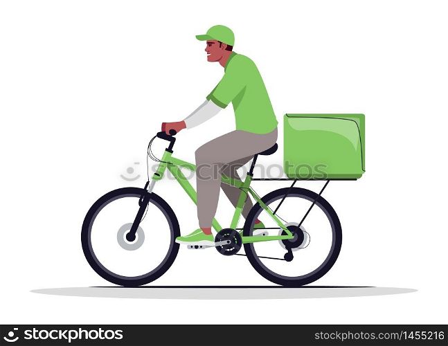 Home parcel delivery semi flat RGB color vector illustration. African american courier on bicycle. Delivery man on bike in green uniform isolated cartoon character on white background. Home parcel delivery semi flat RGB color vector illustration