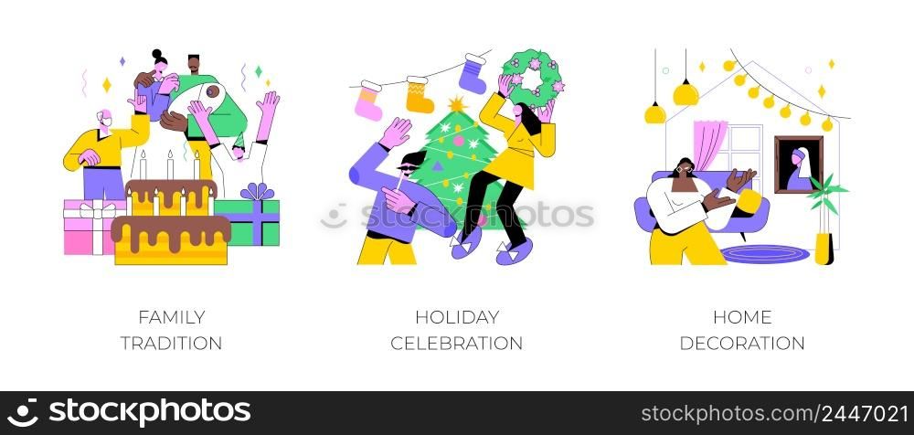 Home party abstract concept vector illustration set. Family tradition, holiday celebration, home decoration, family reunion, having fun together, festive dinner, gathering abstract metaphor.. Home party abstract concept vector illustrations.