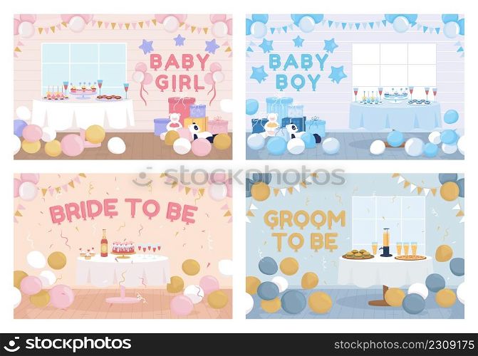 Home party decorations flat color vector illustration set. Baby shower. Bachelorette night. 2D simple cartoon pack interior with table arrangement on background. Fredoka One font used. Home party decorations flat color vector illustration set