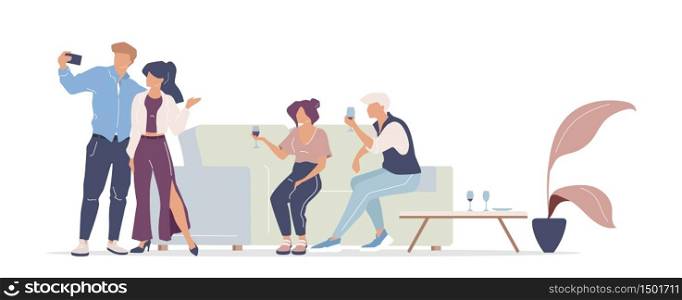 Home party flat color vector faceless characters. Men and women having fun. Friends drinking alcoholic beverages isolated cartoon illustration for web graphic design and animation. Home party flat color vector faceless characters