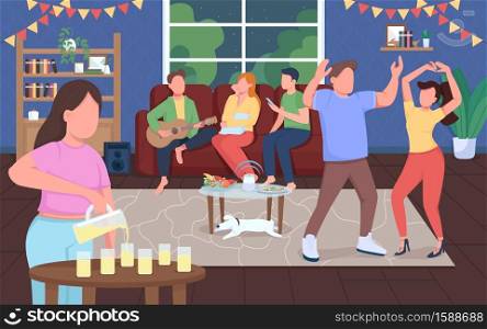 Home party flat color vector illustration. Night entertainment. Man and woman dance together. Celebrate event indoors. Happy friends 2D cartoon characters with house interior on background. Home party flat color vector illustration