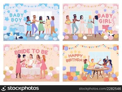 Home party flat color vector illustration set. Baby shower. Birthday party. Bachelorette night. 2D simple cartoon characters pack partying with decorated room on background. Fredoka One font used. Home party flat color vector illustration set