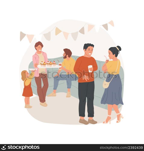 Home party isolated cartoon vector illustration. Human communication, meeting friends, two families sitting in a living room, home gathering, family party, kids playing around vector cartoon.. Home party isolated cartoon vector illustration.