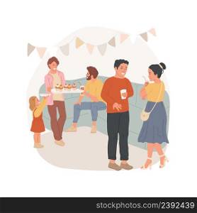 Home party isolated cartoon vector illustration. Human communication, meeting friends, two families sitting in a living room, home gathering, family party, kids playing around vector cartoon.. Home party isolated cartoon vector illustration.
