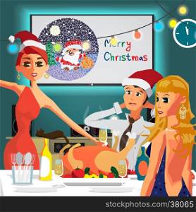 Home Party New Year or Christmas. Feast guests and congratulations pronunciation. Flat cartoon vector illustration
