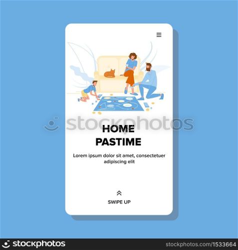 Home Pastime Family Playing Board Game Vector. Man Father, Woman Mother And Boy Son Play Pastime In Living Room, Cat Lying On Couch. Characters Parents And Child Web Cartoon Illustration. Home Pastime Family Playing Board Game Vector