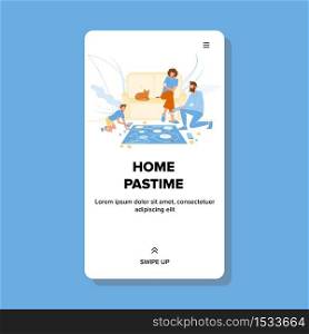 Home Pastime Family Playing Board Game Vector. Man Father, Woman Mother And Boy Son Play Pastime In Living Room, Cat Lying On Couch. Characters Parents And Child Web Cartoon Illustration. Home Pastime Family Playing Board Game Vector