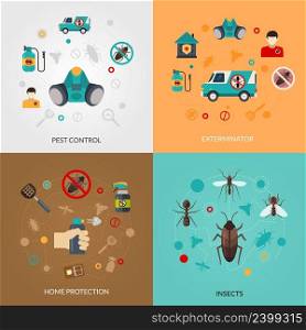  Home pest control services 4 flat icons square composition for detecting exterminating insects and rodents abstract isolated vector illustration. Exterminator Pest Contro 4 Flat Icons