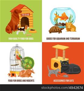 Home Pets 2x2 Design Concept . Home pets 2x2 design concept set of high quality food and accessories for dogs cats birds and rodents vector illustration