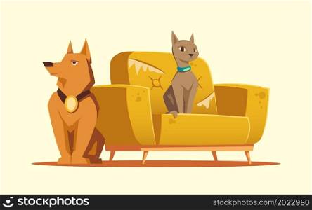 Home pets cat and dog sitting at scratched sofa. Cute kitten and doggy at armchair with damaged upholstery and claws marks. Adoption, love to animals, home mess, isolated cartoon Vector illustration. Home pets cat and dog sitting at scratched sofa