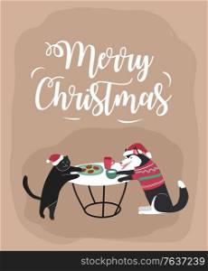 Home pets dressed in Christmas costumes with accessories and knited sweaters. Cozy Winter holiday season illustration and New year typography in Hygge style. Home pets dressed in Christmas costumes with accessories and knited sweaters. Cozy Winter holiday season illustration and New year typography in Hygge