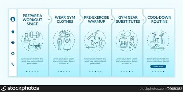 Home physical training tips onboarding vector template. Gym clothes. Gear substitutes. Cool-down routine. Responsive mobile website with icons. Webpage walkthrough step screens. RGB color concept. Home physical training tips onboarding vector template