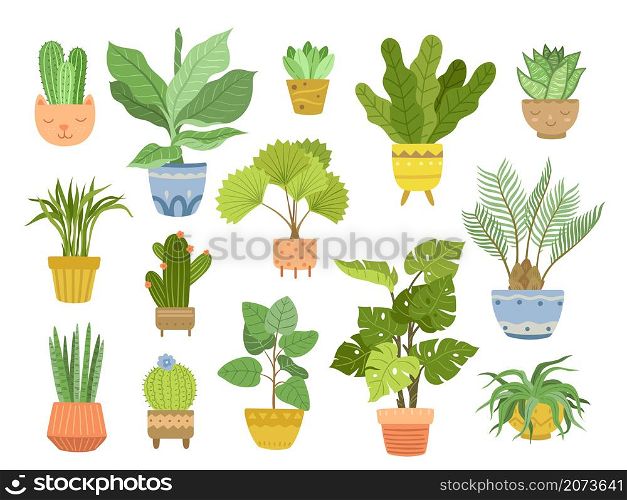 Home plant in pots. House plants, pot with green flowers. Interior houseplants, flat succulents cacti for office. Gardening exact vector set. Illustration pot otanical, cactus and growing flora. Home plant in pots. House plants, pot with green flowers. Interior houseplants, flat succulents cacti for office. Gardening exact vector set