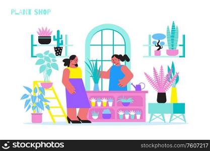 Home plant shop flat composition with doodle style characters of florist with client and domestic flowers vector illustration