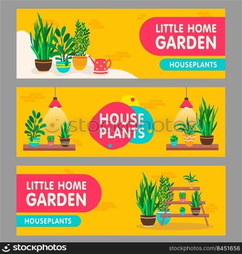 Home plants banners set. Houseplants with pots on shelves vector illustrations with text. Home interior and garden concept for flower shop flyers and leaflets design
