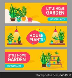 Home plants banners set. Houseplants with pots on shelves vector illustrations with text. Home interior and garden concept for flower shop flyers and leaflets design