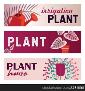 Home plants banners set. Peace Lily, palm leaf, watering pot vector illustrations with text. Flora and gardening concept for flyers and brochures design