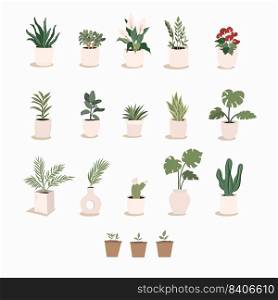 Home plants, fashionable home decor with plants, palm trees, monstera, cacti, tropical leaves in stylish planters and pots. Vector illustration. Home plants, fashionable home decor with plants, palm trees, monstera, cacti, tropical leaves in stylish planters and pots. Vector illustration.