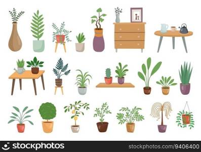 Home plants. House urban decor. Succulent garden. Modern hygge jungle. Indoor interior isolated objects set. Flowers in trendy cozy pots. Houseplants on tables and shelves. Vector flat illustration. Home plants. House urban decor. Succulent garden. Modern hygge jungle. Indoor interior objects set. Flowers in trendy pots. Houseplants on tables and shelves. Vector flat illustration