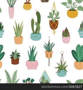 Home plants pattern. Seamless flower potted plant, decorative botanical indoor houseplant, home potted plants vector background illustration. Blooming cactus, succulent hanging on rope. Home plants pattern. Seamless flower potted plant, decorative botanical indoor houseplant, home potted plants vector background illustration