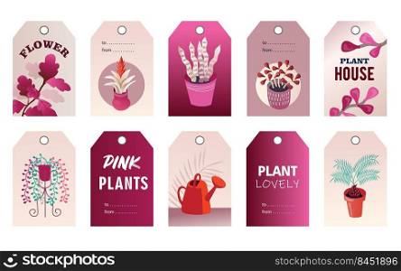 Home plants tags set. Pots with palm, sansevieria, monstera, ivy vector illustrations with text. Gardening and retail concept for shop labels and greeting cards design