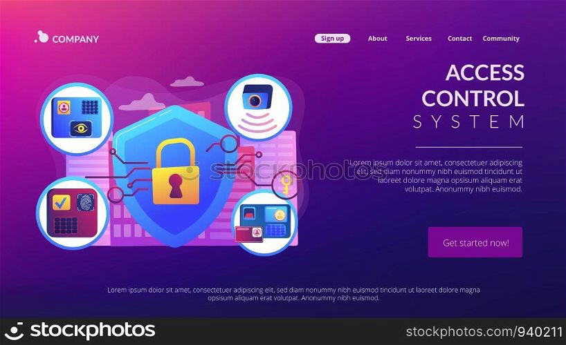 Home protection. Surveillance service. Devices for house security. Access control system, security control solutions, security management concept. Website homepage landing web page template.. Access control system concept landing page