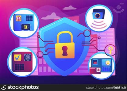 Home protection. Surveillance service. Devices for house security. Access control system, security control solutions, security management concept. Bright vibrant violet vector isolated illustration. concept vector illustration