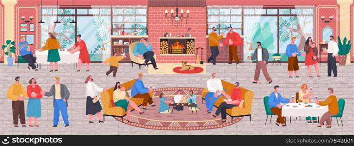 Home reception or house party, people eating and talking, children playing. Living room with fireplace interior, family and friends gathering. Characters having home dinner and speaking vector. House Party or Home Reception, Family and Friends