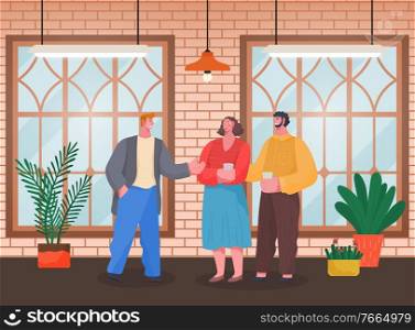 Home reception or house party, people talking and drinking, host and guests vector. Loft style interior design, family and friends gathering. Guy speaking with couple holding cups illustration. House Party or Home Reception, Host and Guests