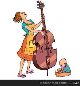 Home rehearsal. Mother with a small child plays the double bass. Comic cartoon pop art retro vector illustration drawing. Home rehearsal. Mother with a small child plays the double bass