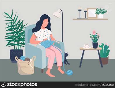 Home relaxation flat color vector illustration. Woman knitting while sitting in cozy chair. Creative hobby for pastime. Female caucasian 2D cartoon character with interior on background. Home relaxation flat color vector illustration