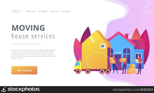 Home relocation, client boxes and cardboard containers in truck. Moving house services, door-to-door removals, best movers service concept. Website homepage landing web page template.. Moving house services concept landing page.