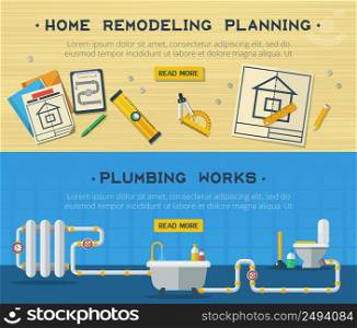 Home remodeling plumbing and sanitary installation service interactive webpage design 2 flat horizontal banners vector isolated illustration. Home Repair 2 Flat Banners Set