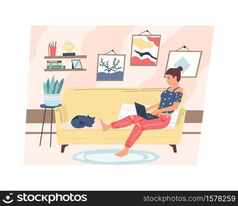 Home remote work. Cartoon young calm woman operating computer from house, comfortable workplace and interior. Cute adult girl sitting on sofa with laptop vector freelance illustration in pastel colors. Home remote work. Cartoon calm woman operating computer from house, comfortable workplace and interior. Cute girl sitting on sofa with laptop vector freelance illustration in pastel colors