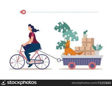 Home Removal by Own Transport Flat Vector Concept. Woman Riding Bicycle, Pulling Trailer Full of Home Stuff and Things Packed in Cardboard Boxes, Flowerpots with Live Plants and Dog Illustration