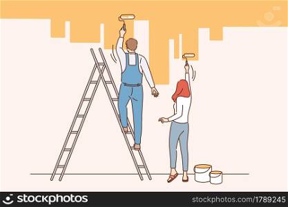 Home renovation and repairing concept. Young couple man and woman standing backwards painting wall in new apartment in yellow vector illustration. Home renovation and repairing concept