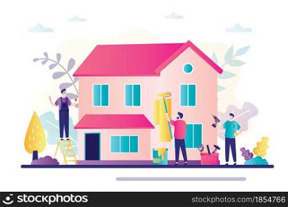 Home renovation banner. Men repairs house. Renovation and reconstruction building. Foreman and workers. Man worker, construction builder character in trendy style. Flat vector illustration. Home renovation banner. Men repairs house. Renovation and reconstruction building. Foreman and workers. Man work