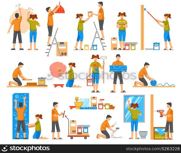 Home Renovation Flat Color Decorative Icons . Home renovation flat colored decorative icons set with family members bonding wallpaper coloring wall washing windows isolated vector illustration