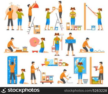 Home Renovation Flat Color Decorative Icons . Home renovation flat colored decorative icons set with family members bonding wallpaper coloring wall washing windows isolated vector illustration