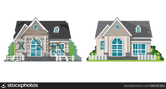 Home renovation. House before and after repair isolated on white. New and old suburban cottage. Renovation home and repair, remodel building vector illustration.