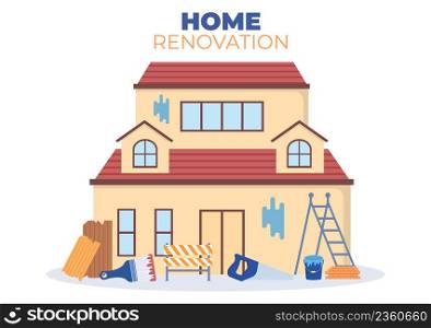 Home Renovation or Repair with Construction Tools, Laying Floor Tiles and Painting Wall to Good Decoration Condition in Flat Background Illustration