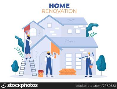 Home Renovation or Repair with Construction Tools, Laying Floor Tiles and Painting Wall to Good Decoration Condition in Flat Background Illustration