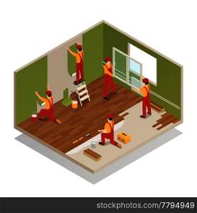 Home renovation remodeling repair isometric composition with workers replacing window frame laying wood laminate floor vector illustration. Home Renovation Isometric Composition 