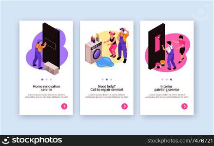 Home renovation repair interior remodeling service advertisement 3 vertical isometric banners with professional handymen isolated vector illustration