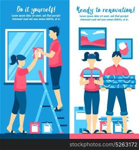 Home Renovation Vertical Banners. Renovation vertical banners set with young girl and guy ready to work together in home interior flat vector illustration