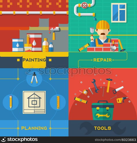 Home Repair 4 Flat Icons Composition. Home repair planning 4 flat icons composition with tools kit and plumber in helmet abstract vector illustration
