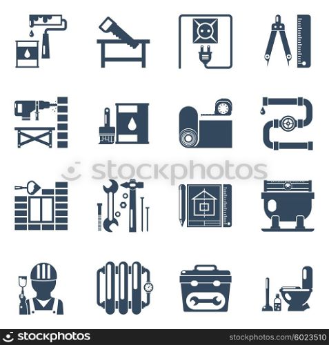 Home Repair Black Icons Collection. Home improvement repair and remodeling service with tools and utensils black icons set abstract vector isolated illustration