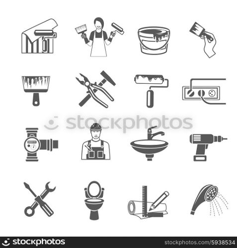 Home repair black icons set with housework and renovation tools isolated vector illustration. Home Repair Icons Set